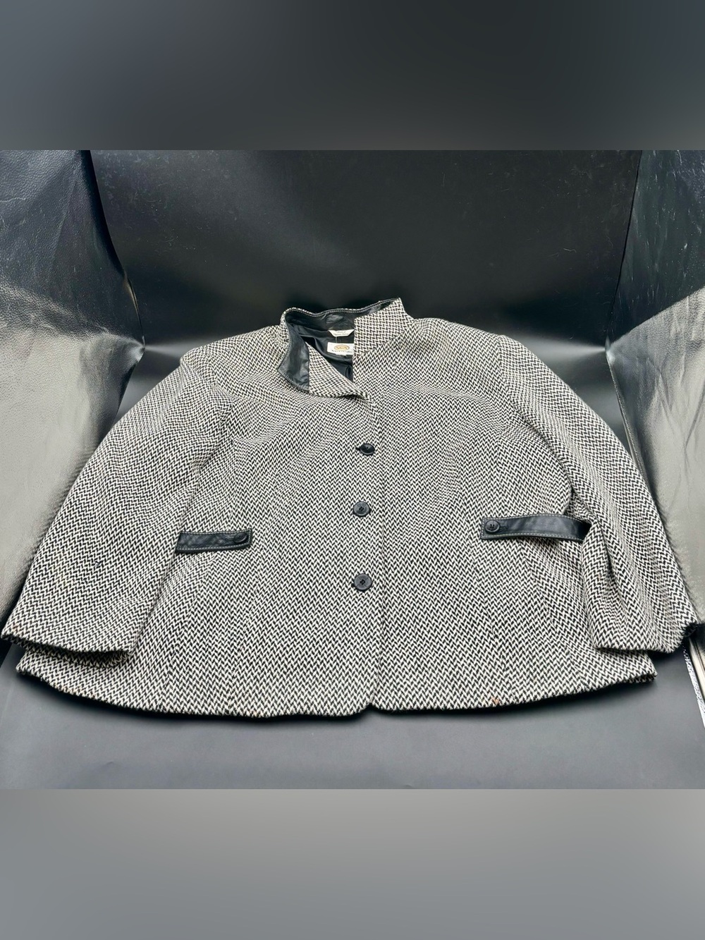 Talbots Italian Wool Herringbone Jacket Genuine Leather Trim Woman Petites